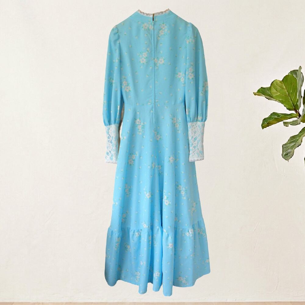 Vintage 70s Blue Prairie Maxi Dress Gunne Sax Style XS Lace Up Cottagecore Boho - Picture 8 of 11